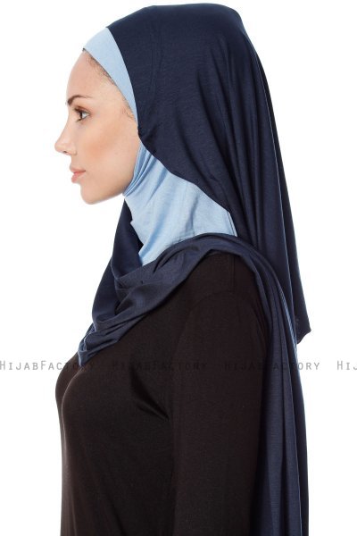 Naz - Marineblauw & Lichtblauw Praktisch One Piece Hijab - Ecardin