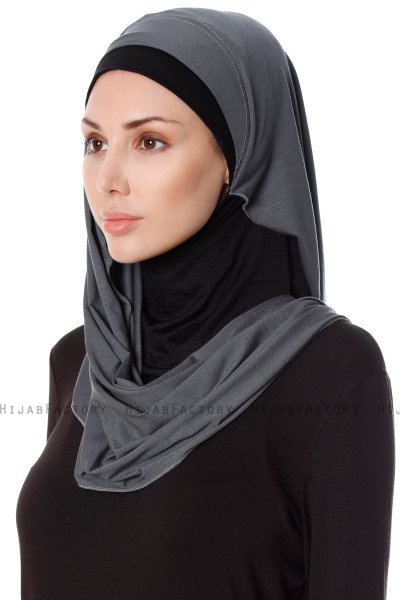 Naz - Donker Grijs & Zwart Praktisch One Piece Hijab - Ecardin