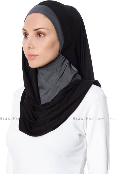Naz - Zwart & Donker Grijs Praktisch One Piece Hijab - Ecardin
