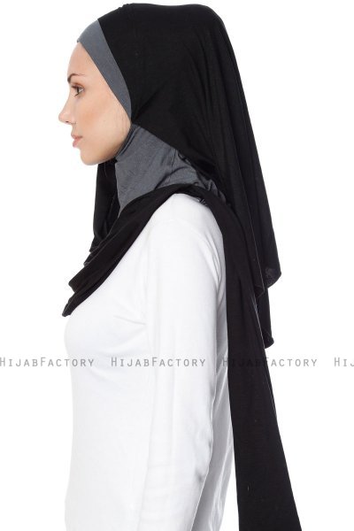 Naz - Zwart & Donker Grijs Praktisch One Piece Hijab - Ecardin