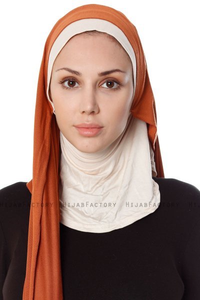 Naz - Baksteenrood & Licht Beige Praktisch One Piece Hijab - Ecardin