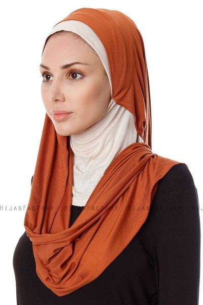 Naz - Baksteenrood & Licht Beige Praktisch One Piece Hijab - Ecardin