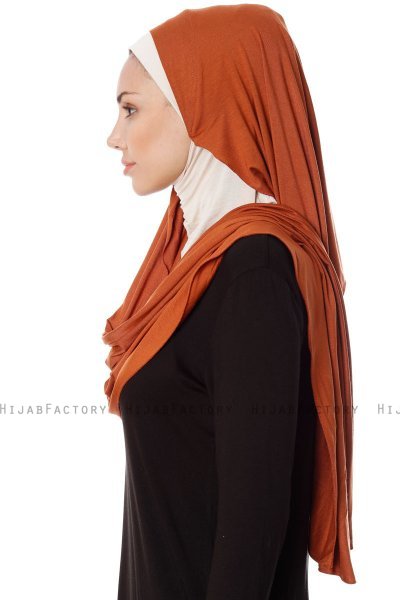 Naz - Baksteenrood & Licht Beige Praktisch One Piece Hijab - Ecardin