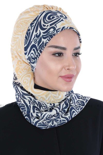 Regina - Marineblauw & Geel Chiffon Instant Turban