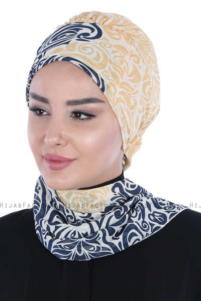 Regina - Marineblauw & Geel Chiffon Instant Turban