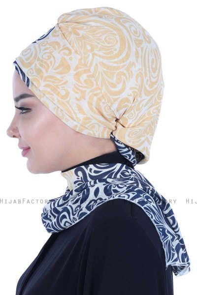 Regina - Marineblauw & Geel Chiffon Instant Turban