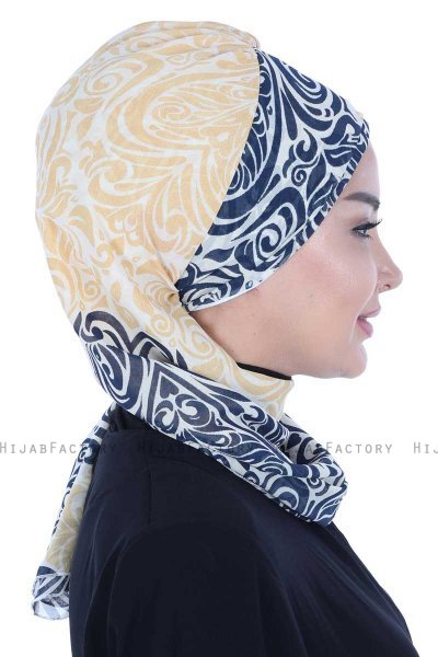 Regina - Marineblauw & Geel Chiffon Instant Turban