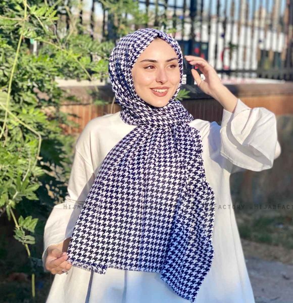 Soheila - Katoenen Hijab In Marineblauw & Wit Patroon