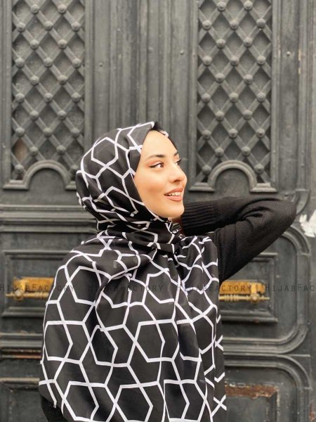 Sora - Zwart Gedessineerde Katoen Hijab - Mirach