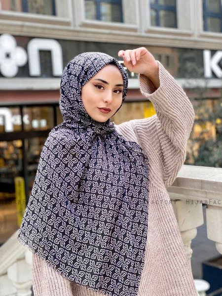 Wahida - Zwart Gedessineerde Katoen Hijab - Mirach