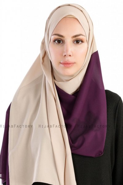 Yelda Lila & Beige Chiffon Hijab Sjal Madame Polo 130038-1